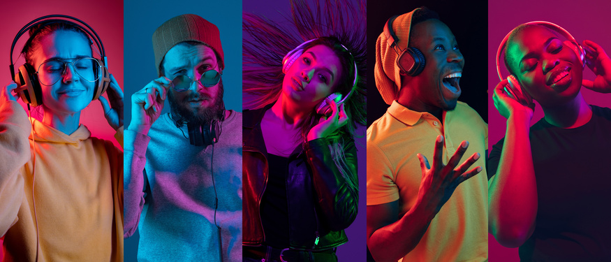 Collage of portraits of young emotional people on multicolored background in neon. Concept of human emotions, facial expression, sales. Smiling, listen to music with headphones. Flyer for ad, proposal.